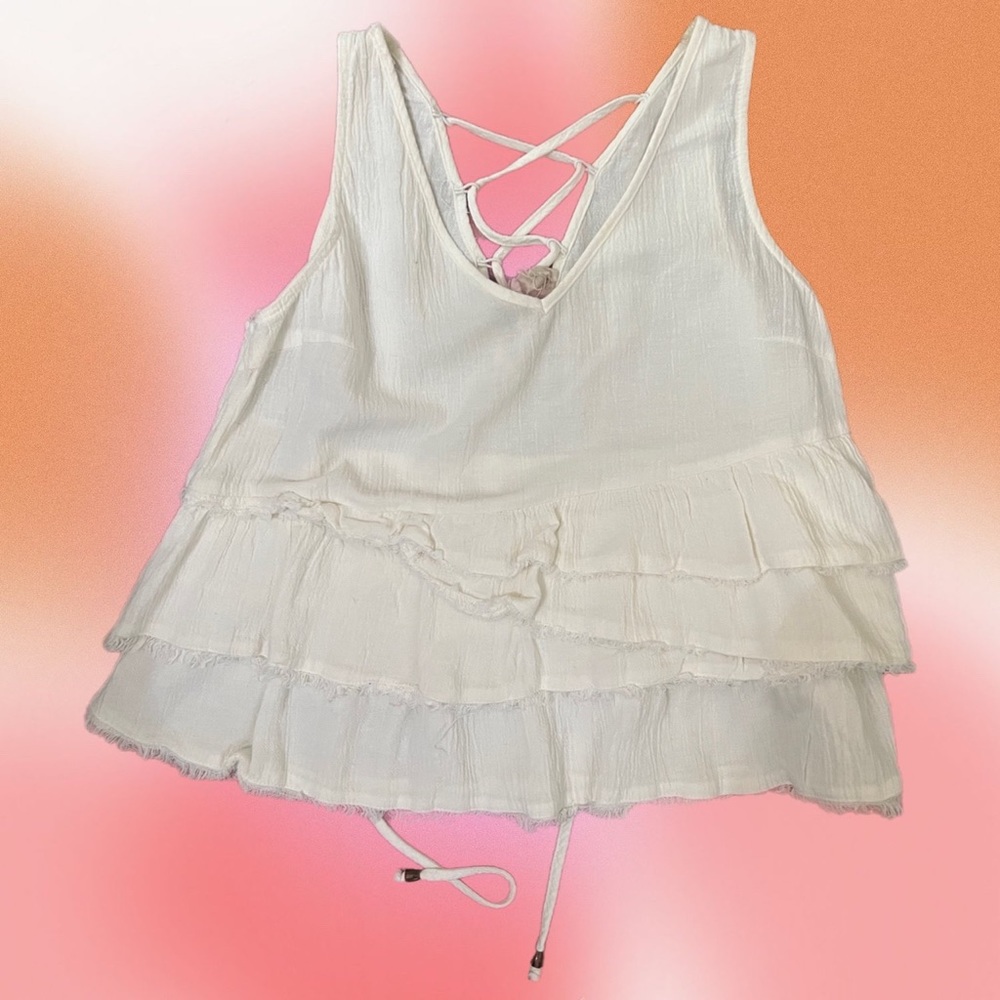 Anthropologie - Moon River White Ruffle Tank with Criss-Cross Back